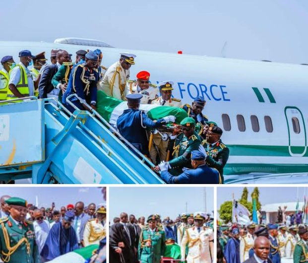 PRESIDENT TINUBU RECEIVES REMAINS OF FORMER PRESIDENT BUHARI IN KATSINA AHEAD OF FINAL RITES IN DAURA.