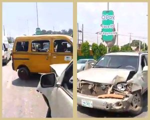 ONE-WAY HIGHLANDER JEEP CRASHES INTO MINI-BUS ON KUDIRAT ABIOLA WAY, DRIVER UNCONSCIOUS AFTER IMPACT